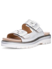 Silver slide sandal with two adjustable buckled straps, cushioned beige footbed, and thick white sole with treaded bottom.