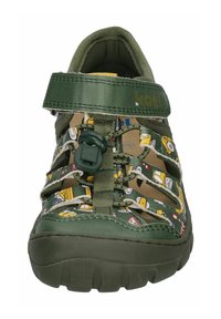 Green children's sandal with a patterned upper featuring construction vehicles, adjustable strap, and textured rubber sole for traction.