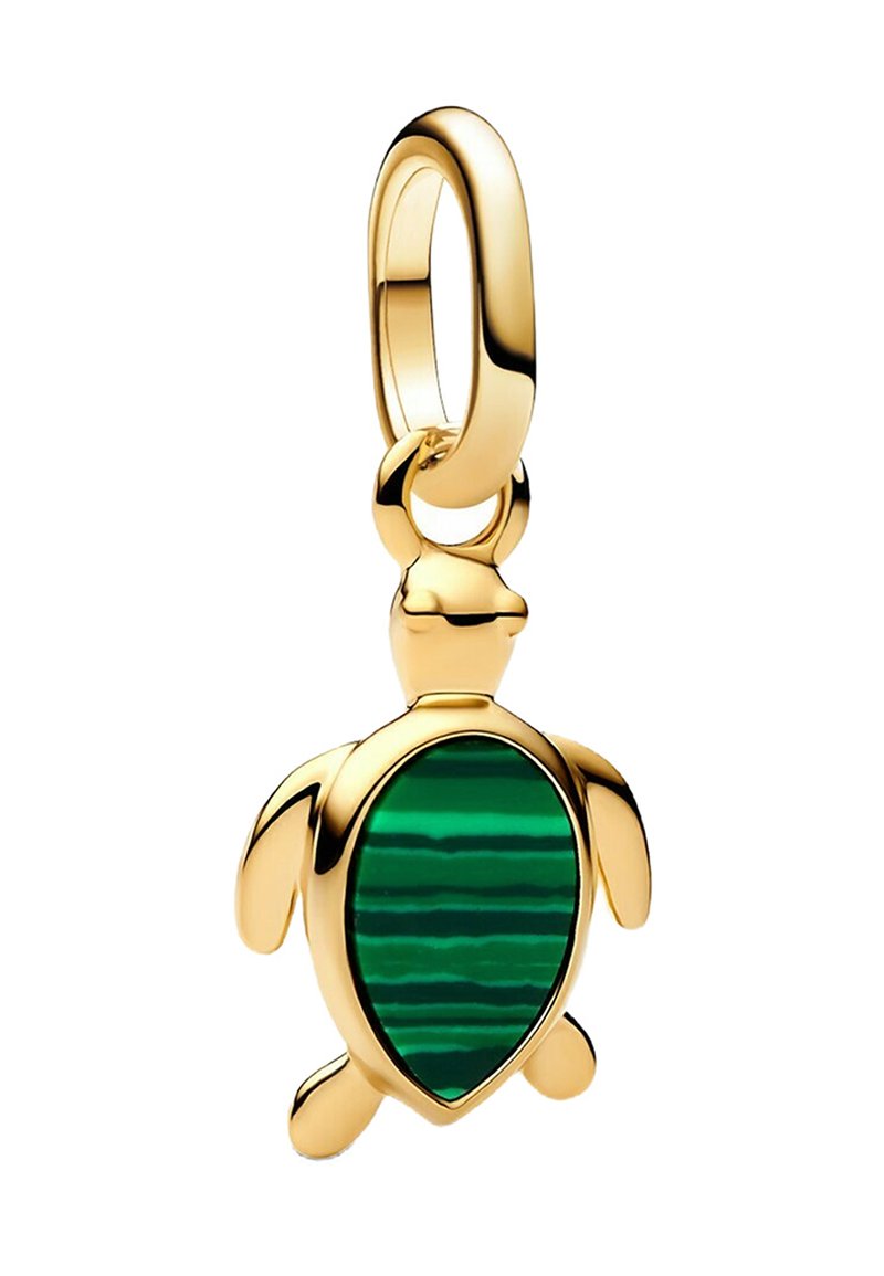 Pendentif en or en forme de tortue avec une coque en malachite verte émeraude affichant des rayures alternées claires et foncées; finition lisse et quincaillerie polie.