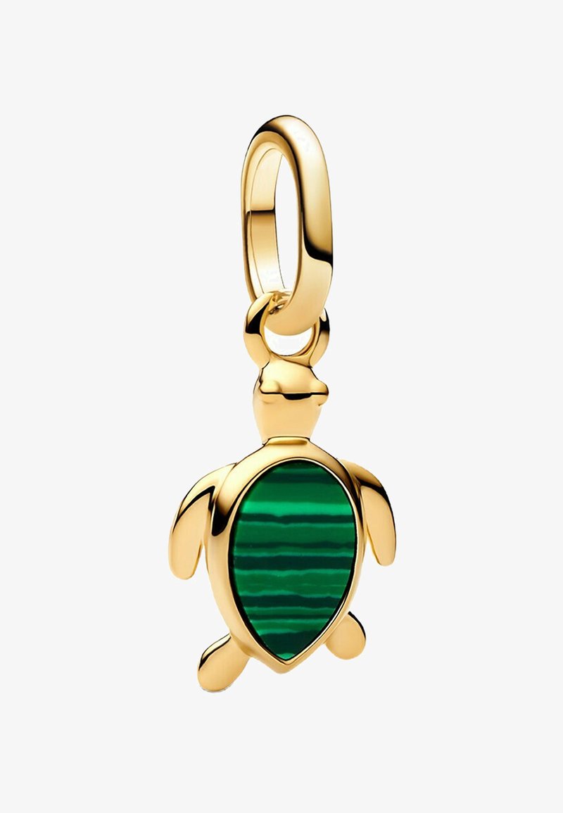Ciondolo a forma di tartaruga in oro con un guscio in malachite verde smeraldo che mostra strisce alternate di tonalità chiare e scure; finitura liscia e hardware lucido.