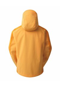 Wasserdichte Jacke in einem leuchtenden Orange, mit Kapuze, nahtlosem Design und verstellbaren Manschetten. Glatte Textur mit minimalen Hardware-Details.