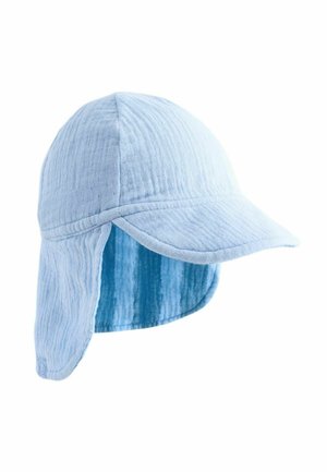 Light blue cap made of textured fabric with a curved visor and neck flap for sun protection, featuring a subtle striped pattern.