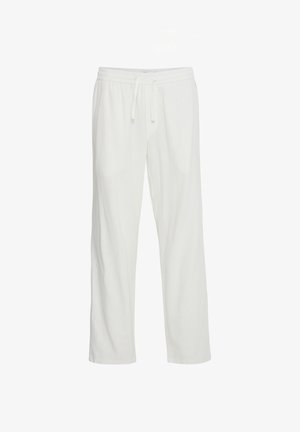 Lightweight, white cotton pants with an elastic waistband and drawstring. Straight-leg design with side pockets and a smooth texture.