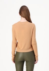 Tan cashmere sweater with a round neckline and ribbed hem. Long sleeves and soft texture, worn with fitted olive green pants.