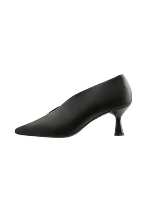 Black pointed-toe high heel shoe made of smooth leather, featuring a unique flared heel design. Minimalistic with no visible patterns or accents.