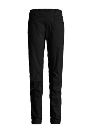 Schwarze, schmal geschnittene Hose mit elastischem Bund und Bündchen, Vorderentaschen und glatter Stoffstruktur.