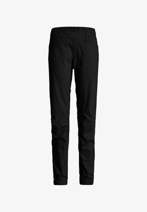 Black slim-fit pants with elastic waistband and cuffs, front pockets, and a smooth fabric texture.
