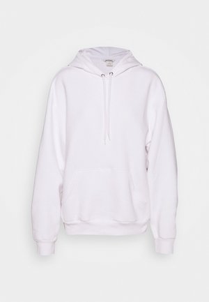 Sweat à capuche blanc en tissu doux, avec un cordon de serrage, une poche kangourou et des poignets et un ourlet côtelés pour un ajustement décontracté.