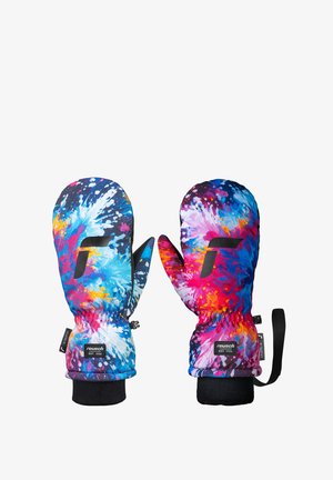 Multicolored mittens feature a splatter design with blue, pink, and yellow hues. Made of fabric with a black elastic cuff for a secure fit.