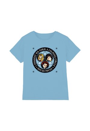 Light blue T-shirt with round graphic featuring three illustrated figures, text reads "Suggest we form a calming circle, Hocus Pocus."