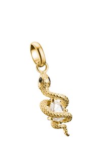 Goldener, schlangenförmiger Anhänger mit detaillierter Textur und einem ovalen, klaren Stein, der in der Mitte eingesetzt ist, mit schwarzen Steinen als Augen.