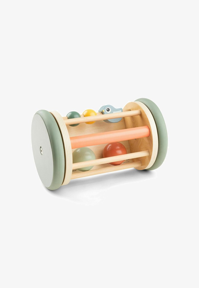 Jouet à rouleaux en bois avec des accents verts et gris, tige centrale orange, trois boules colorées (jaune, verte, rouge) et un petit détail d'oiseau.