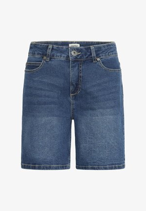 Jeansowe szorty w ciemnoniebieskim kolorze o klasycznym kroju, pięci pockets design, górny guzik oraz wzmocnione szwy. Gładka tekstura, brak widocznych wzorów.