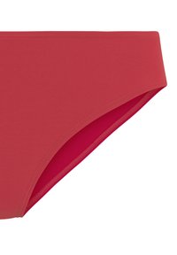 Rosa Bikini-Höschen aus einem glatten, dehnbaren Stoff, mit niedrigem Bund und elastischem Taillenbund. Auf der Innenseite in einem dunkleren Rosa reversibel.