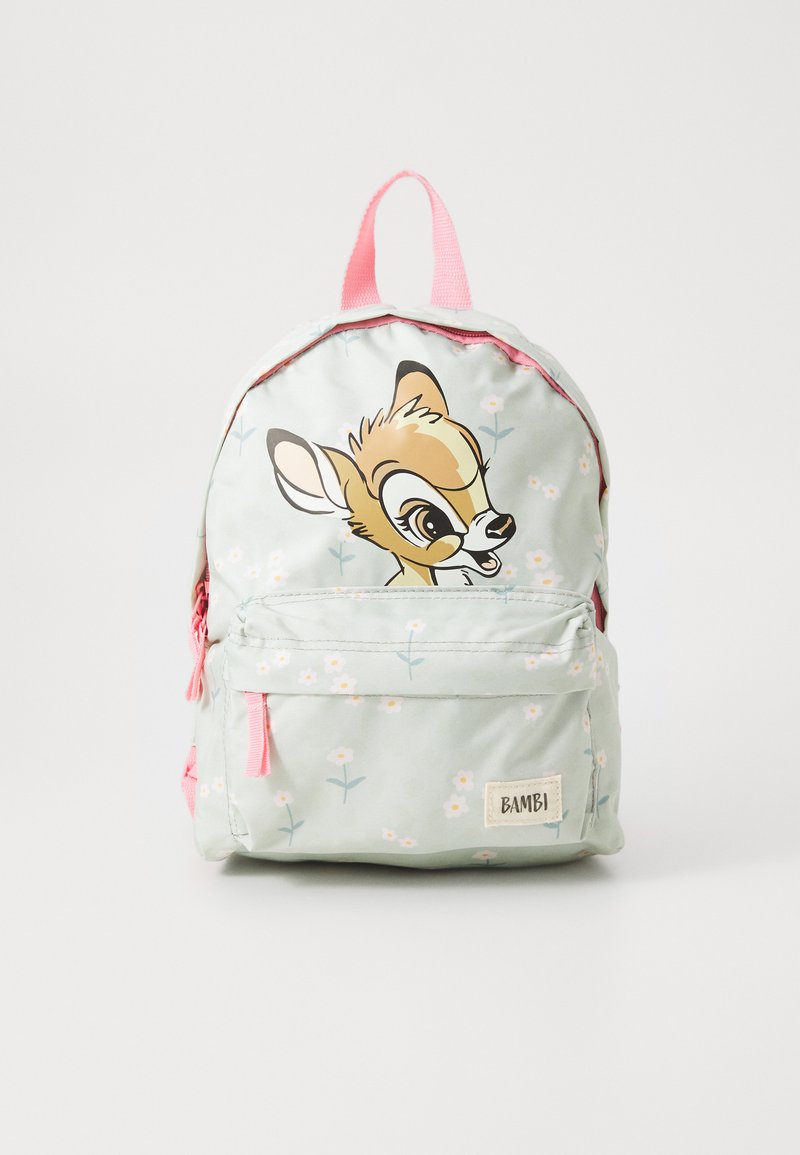 Svetlozelený detský batoh s ružovými popruhmi, zdobený bielymi kvetmi a karikatúrou Bambi na prednom vrecku.