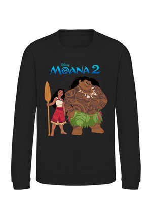 Felpa nera con personaggi colorati di Moana e Maui da Moana 2 che tengono un remo, con testo blu "Moana 2" sopra di loro.