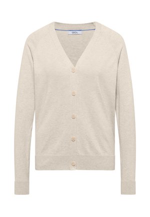 Beige V-hals cardigan med lange ærmer, fem knapper foran, ribbede manchetter og kant, lavet af mærket "Cecil."