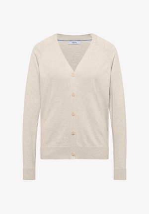 Cardigan beige à col en V avec manches longues, cinq boutons sur le devant, poignets et ourlet côtelés, fabriqué par la marque "Cecil".
