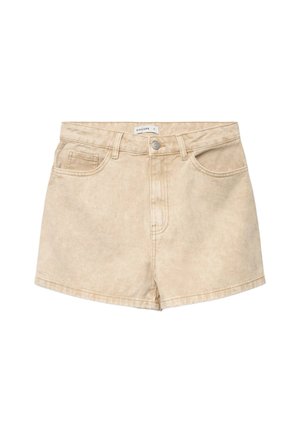 Beige high-waist denim shorts with front button, zipper, belt loops, and three front pockets, labeled size 5, laid flat.
