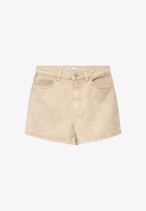 Beige high-waist denim shorts with front button, zipper, belt loops, and three front pockets, labeled size 5, laid flat.