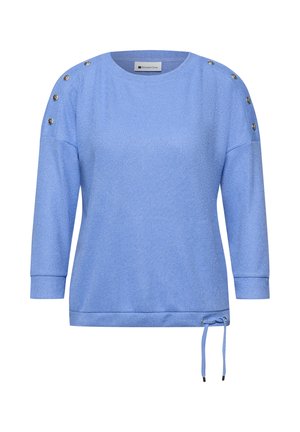 Světlomodrý pletený svetr s tříčtvrtečními rukávy, knoflíky na ramenou a nastavitelným stahováním na spodním lemu.