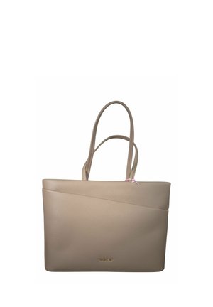 Borsa tote in pelle beige con doppi manici e una sottile cucitura diagonale sul davanti, piccolo logo dorato del marchio vicino al centro in basso.