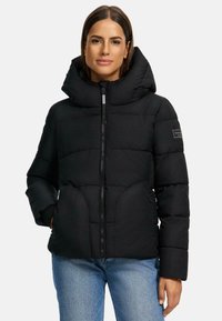 Black padded jacket with a high, folded collar, front zipper, and side pockets. Smooth fabric features quilted detailing.