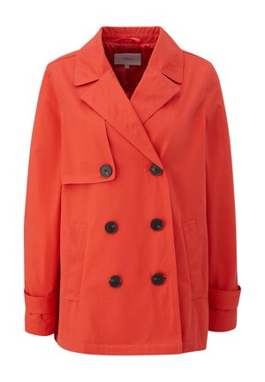 Rote doppelte Jacke mit großen schwarzen Knöpfen, Reverskragen und zwei vorderen Taschen. Glattes Material mit lockerer Passform.