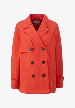 Czerwony, podwójnie zapięty żakiet z dużymi czarnymi guzikami, z klapami i dwoma przednimi kieszeniami. Gładki materiał o luźnym kroju.