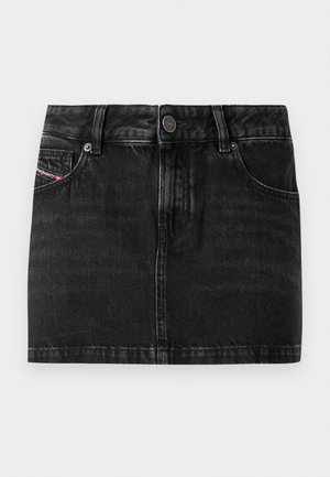 Black denim mini skirt with a button and zipper closure, featuring front pockets and a slight faded texture, stitched hemline.