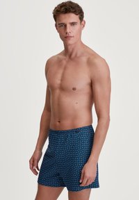 Blauwe geblokte zwembroek met een geometrisch ontwerp, elastische tailleband en een gladde textuur, gedragen door een mannelijke model tegen een effen achtergrond.