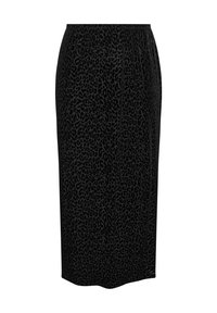 Schwarze Midirock aus weich einem Stoff mit einem dezenten schwarzen Leopardenmuster. Elastischer Bund mit geradem Schnitt.