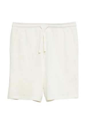 Białe teksturowane szorty z elastyczną talią i tasiemką z przodu, z bocznymi kieszeniami i luźnym krojem.