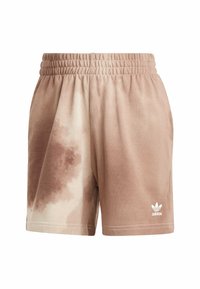 Light brown athletic shorts with an elastic waistband, featuring a tie-dye pattern in darker shades and a small white Adidas logo.