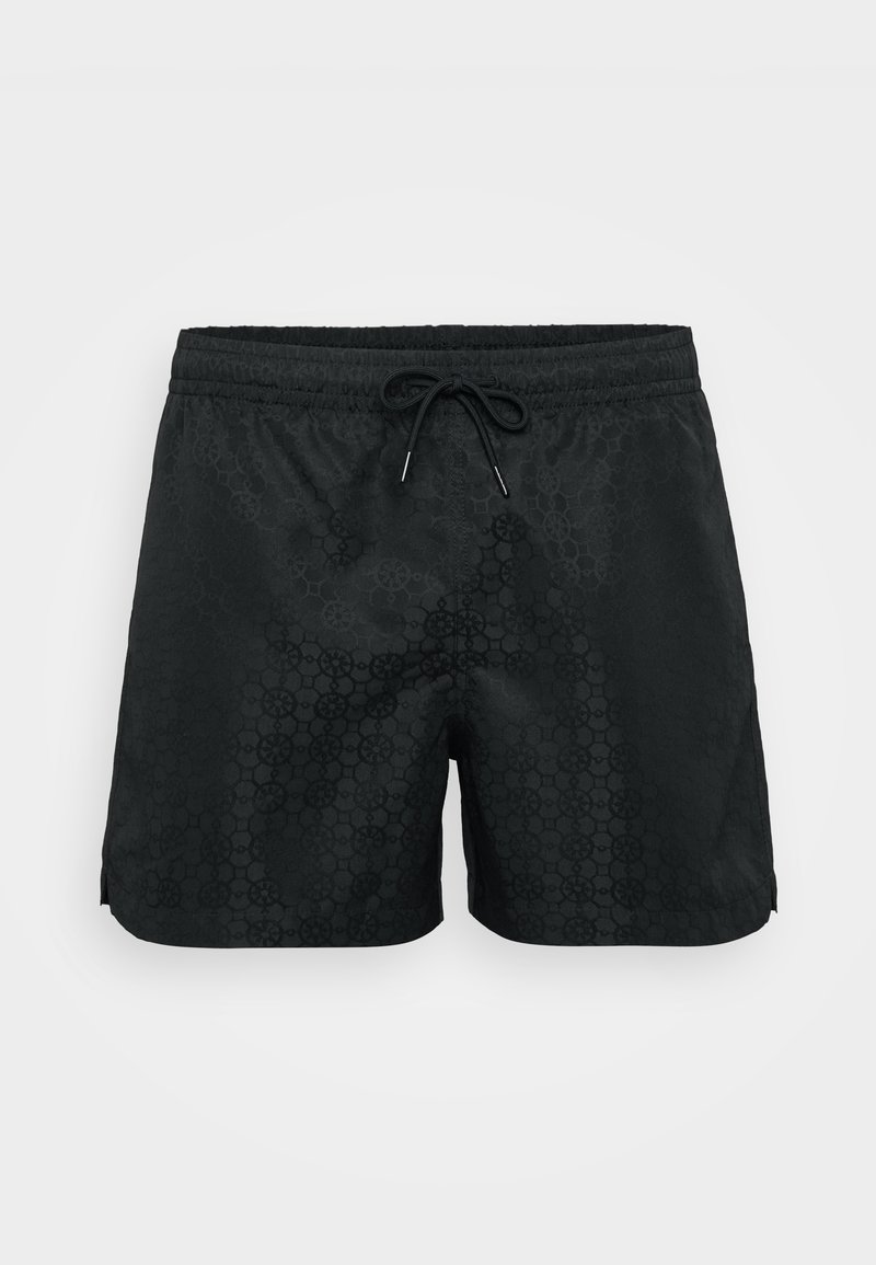 Shorts de bain noirs avec une taille élastique et un cordon de serrage, présentant une texture à motif subtil. Ourlet avec fentes latérales pour plus de mobilité.