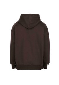 Felpa con cappuccio marrone scuro vista da dietro, con maniche lunghe e polsini e orlo a coste.