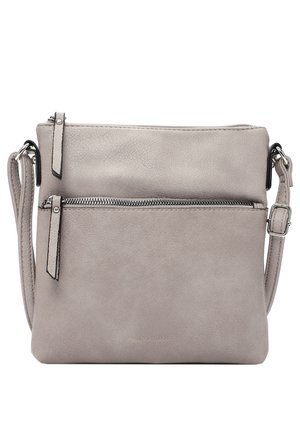 Petit sac bandoulière gris avec deux compartiments zippés et une bandoulière réglable.
