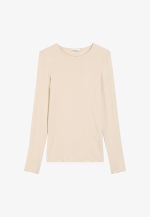 Beige Langarmoberteil aus weichem Stoff, mit Rundhalsausschnitt und tailliertem Design ohne sichtbare Muster oder Akzente.