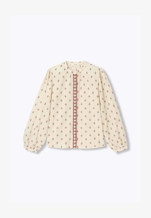 Blouse crème à manches longues avec petits motifs floraux rouges et une bordure brodée verticale sur le devant, col rond et poignets froncés.