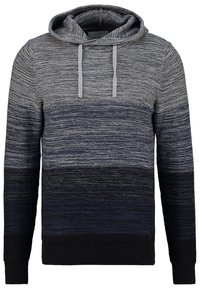 Gradient gebreide hoodie met trekkoord, die overgaat van lichtgrijs bovenaan naar donker marineblauw en zwart onderaan, lange mouwen, ribgebreide manchetten en zoom.