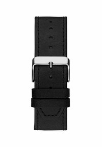 Cinturino in pelle nera con superficie liscia, design a doppia fibbia e molteplici fori di regolazione per le dimensioni. Montatura in metallo color argento.