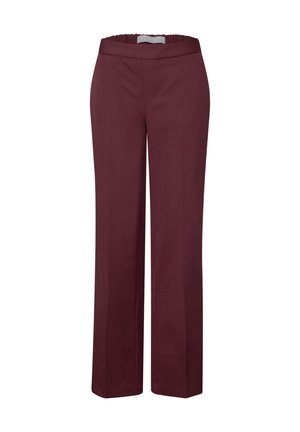 Bordowe spodnie szerokie wykonane z gładkiego materiału z elastycznym pasem, o prostym kroju, bez widocznych kieszeni i zapięć.