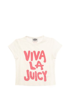 Maglietta a maniche corte bianca con testo rosa audace che recita "VIVA LA JUICY" in un carattere giocoso. Materiale in morbido cotone con scollatura tonda.