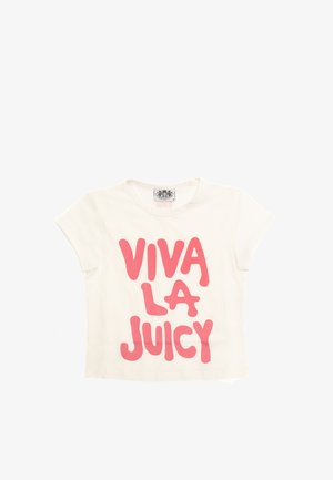 Maglietta a maniche corte bianca con testo rosa audace che recita "VIVA LA JUICY" in un carattere giocoso. Materiale in morbido cotone con scollatura tonda.