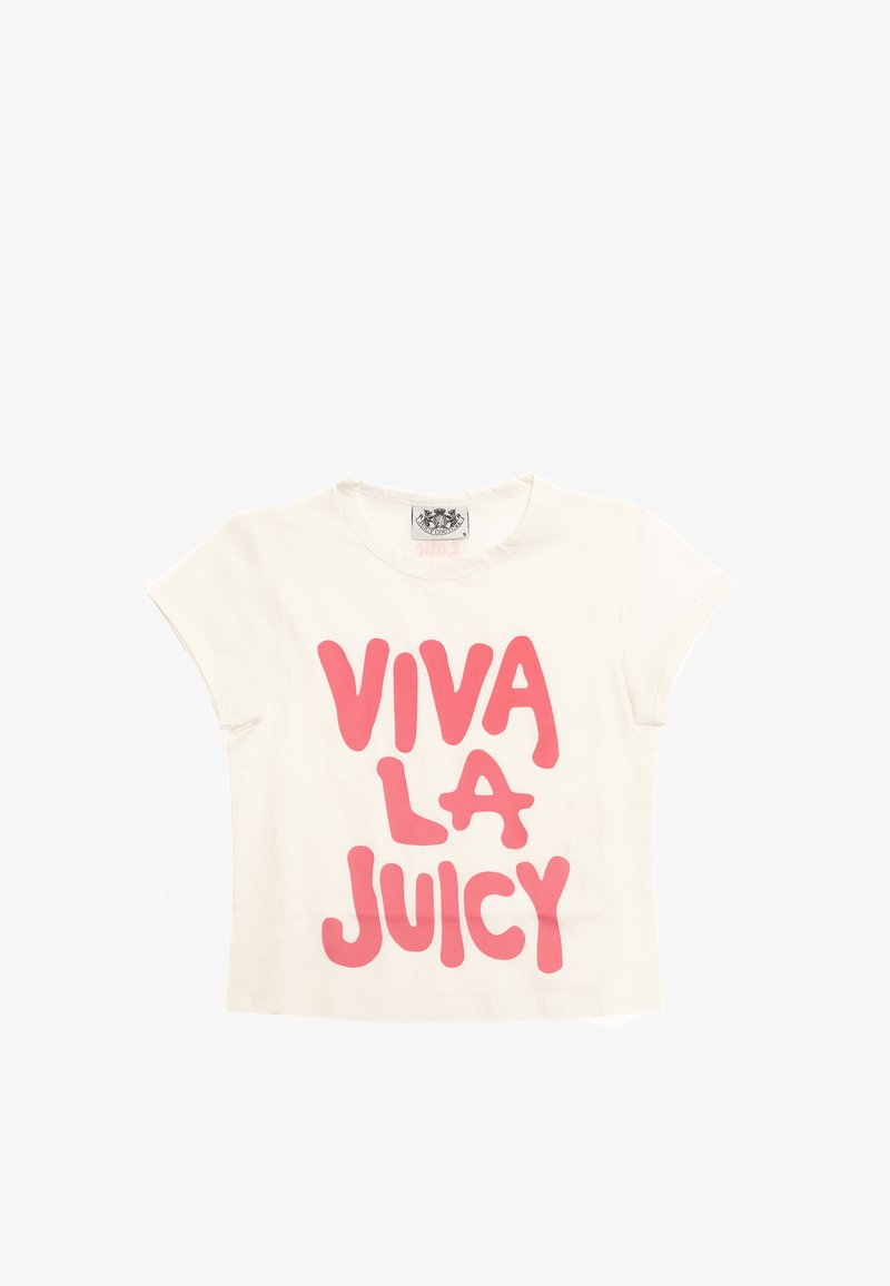 Maglietta a maniche corte bianca con testo rosa audace che recita "VIVA LA JUICY" in un carattere giocoso. Materiale in morbido cotone con scollatura tonda.