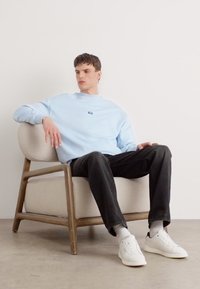 Felpa blu chiaro con colletto rotondo e piccolo logo, abbinata a pantaloni scuri e sneaker bianche. Seduto su una poltrona beige con gambe in legno.