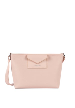 Light pink textured leather crossbody bag with envelope flap detail and adjustable strap, Lancaster Paris logo on front.