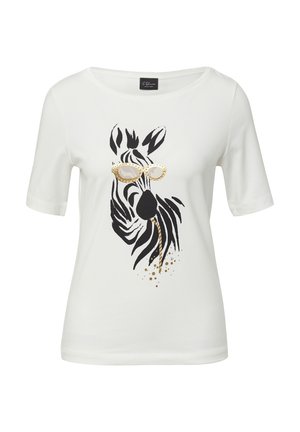 Biała bawełniana koszulka z czarno-złotym wzorem zebry w okularach przeciwsłonecznych. Okrągły dekolt i krótkie rękawy.
