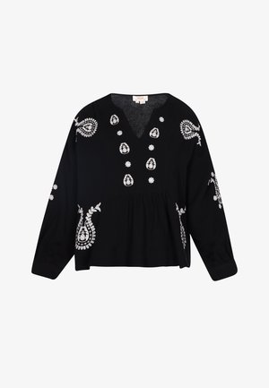 Melnas garām piedurknēm topa ar V-ēlu, ar baltām izšūtām paisley rakstiem un zieda detaļām, savāktā vidukļa un brīvā piegriezuma.