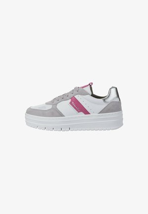 White and gray sneaker with pink accents, suede and leather material, round toe, flat platform sole, and small perforations on the upper.